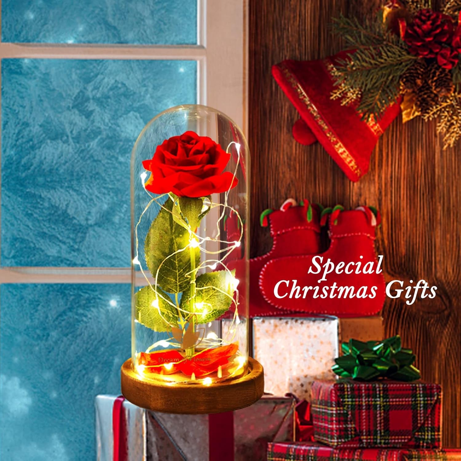 Beauty and the Beast Red Rose in Glass Dome with Fairy Light String, Valentine Rose Gift for Her, Gifts for Girlfriend, Mother'S Day Gifts