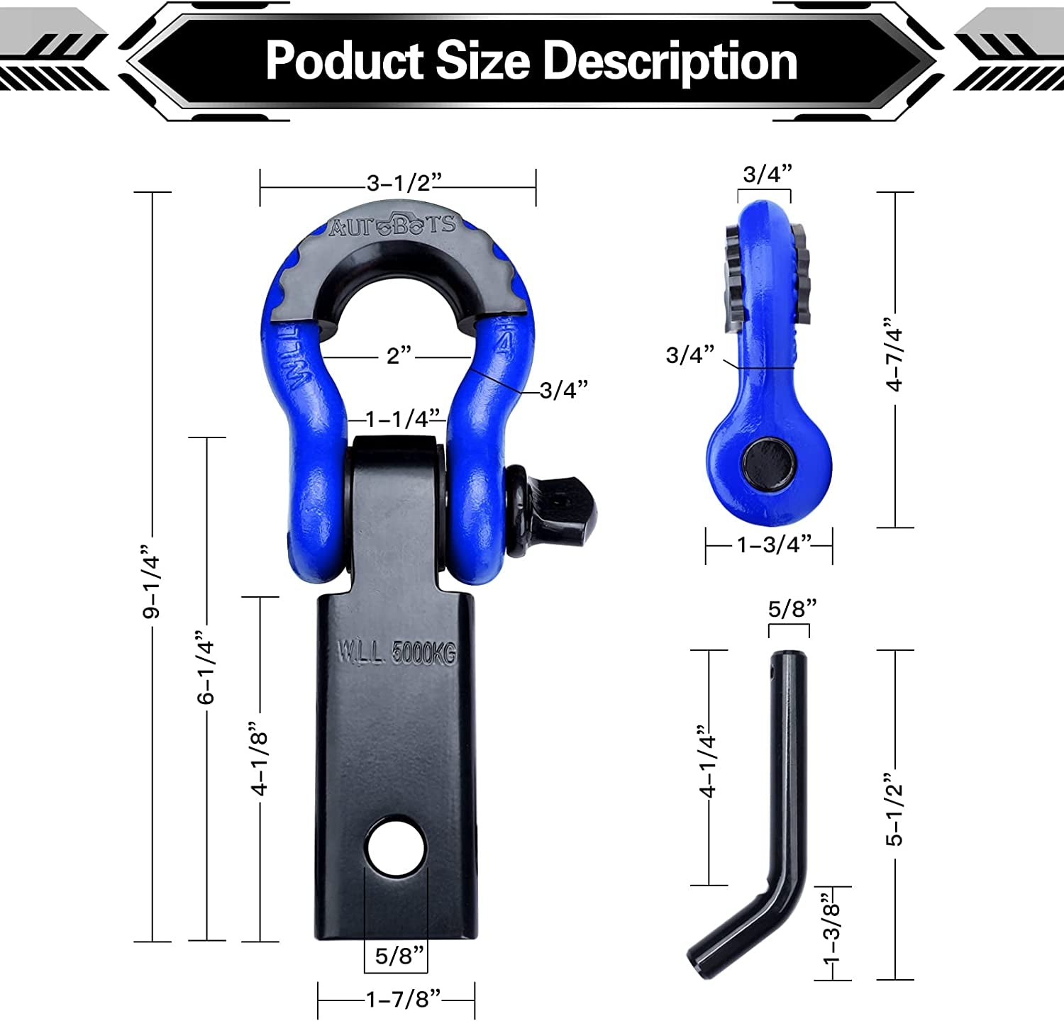 Shackle Hitch Receiver 2", 45,000 Lbs Break Strength Heavy Duty Receiver with 5/8" Screw Pin, 3/4" D Ring Shackles, Towing Accessories for Vehicle Recovery Off-Road, Blue&Black