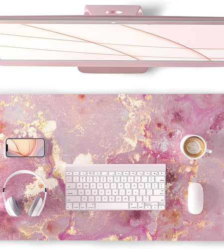 Large Mouse Pad, Cute Pink Desk Mat for Desktop, Women Girls PU Leather Waterproof Gaming Mousepad, Rose Gold Marble Computer PC Laptop Protector Writing Pads for School Office Home 31.5" X 15.7"