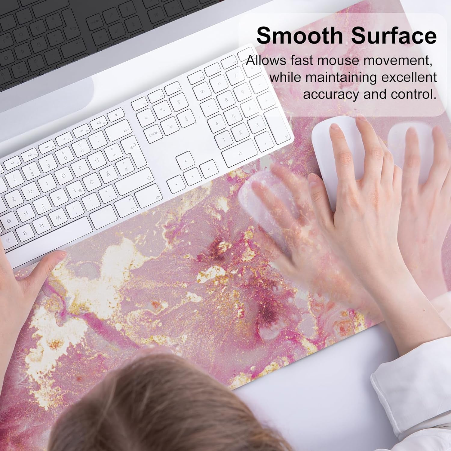 Large Mouse Pad, Cute Pink Desk Mat for Desktop, Women Girls PU Leather Waterproof Gaming Mousepad, Rose Gold Marble Computer PC Laptop Protector Writing Pads for School Office Home 31.5" X 15.7"