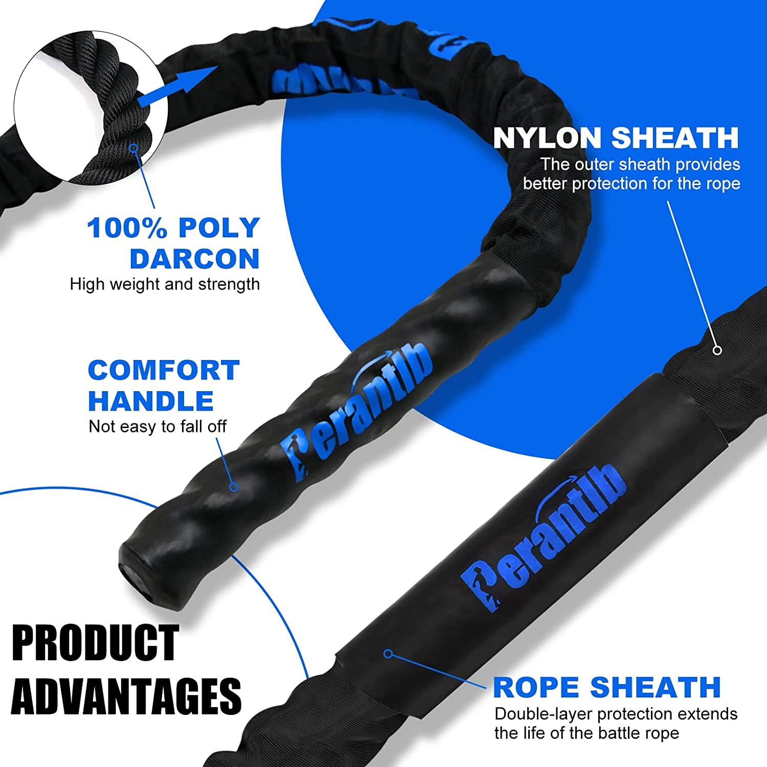 Battle Rope with Wear-Resistant Nylon Protective Sleeve ，Heavy Battle Rope for Strength Training Home Fitness Exercise Rope， Anchor Strap Kit Included
