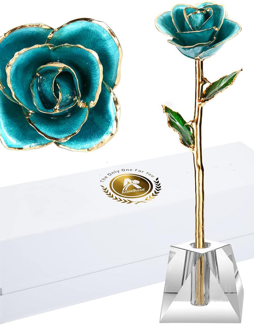 Load image into Gallery viewer, Gold Rose,24K Gold Real Rose Gift for Her, Long Stem Rose Made from Real Gold Rose for Anniversary Valentines Mothers Day Birthday (Teal Blue with Crystal Vase)
