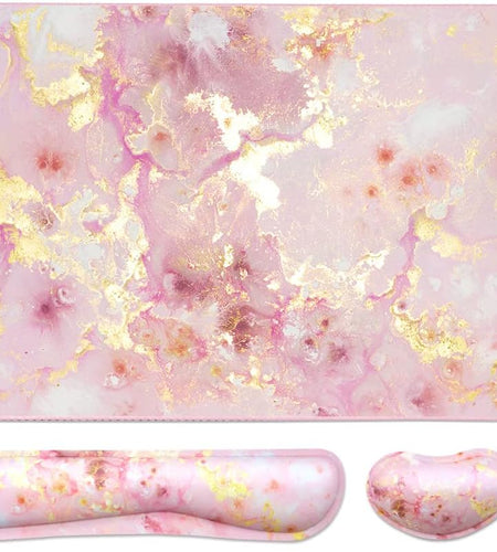Keyboard Mouse Pad Set, Extended Mouse Pad+Keyboard Wrist Rest Support, Memory Foam Ergonomic Easy Typing, 3Pcs (35.4×15.7 In) Desk Pad Set for Home Office Study Game- Pink Gold Marble