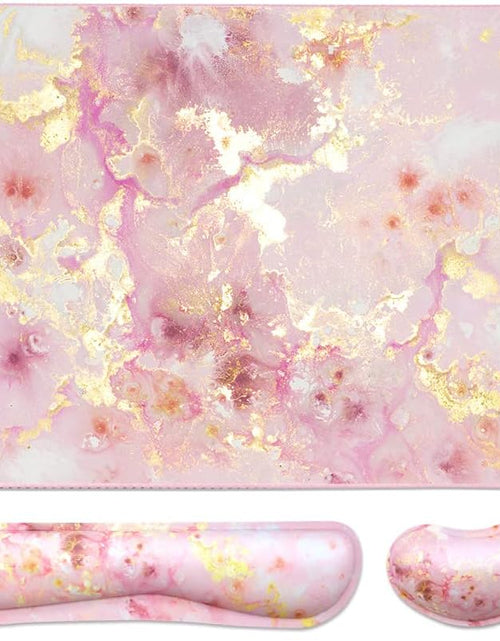 Load image into Gallery viewer, Keyboard Mouse Pad Set, Extended Mouse Pad+Keyboard Wrist Rest Support, Memory Foam Ergonomic Easy Typing, 3Pcs (35.4×15.7 In) Desk Pad Set for Home Office Study Game- Pink Gold Marble
