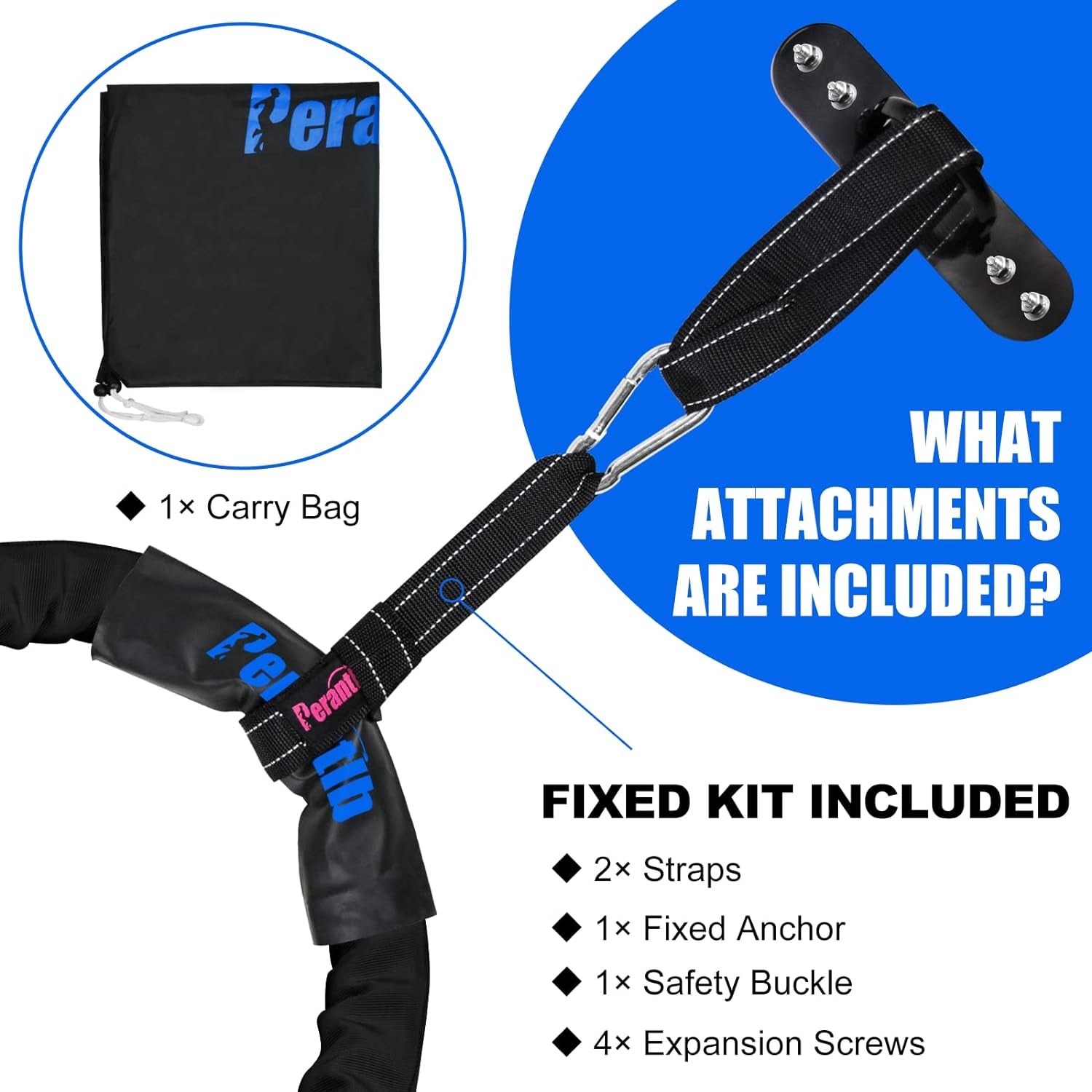 Battle Rope with Wear-Resistant Nylon Protective Sleeve ，Heavy Battle Rope for Strength Training Home Fitness Exercise Rope， Anchor Strap Kit Included