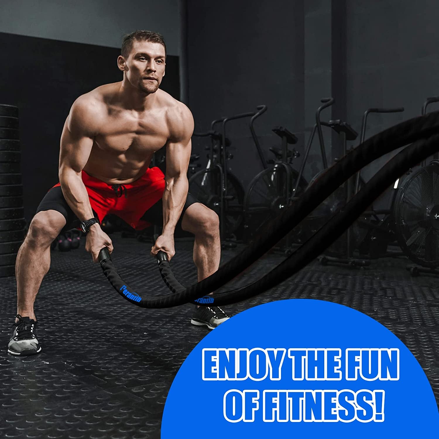 Battle Rope with Wear-Resistant Nylon Protective Sleeve ，Heavy Battle Rope for Strength Training Home Fitness Exercise Rope， Anchor Strap Kit Included